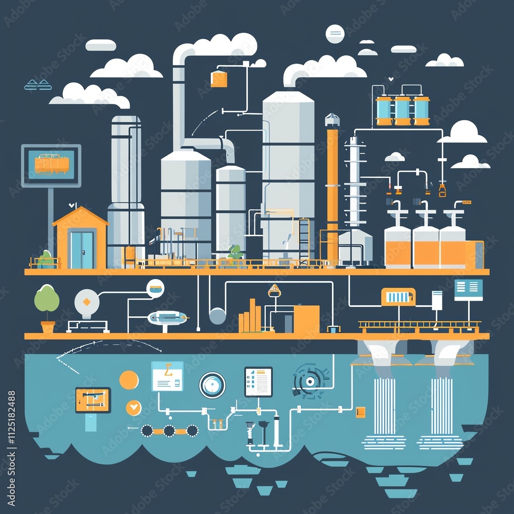 Fototapeta premium Illustration of a complex industrial facility with machinery and pipelines.