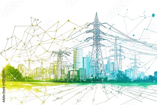 Illustration of a city skyline with power lines and digital network connections. photo