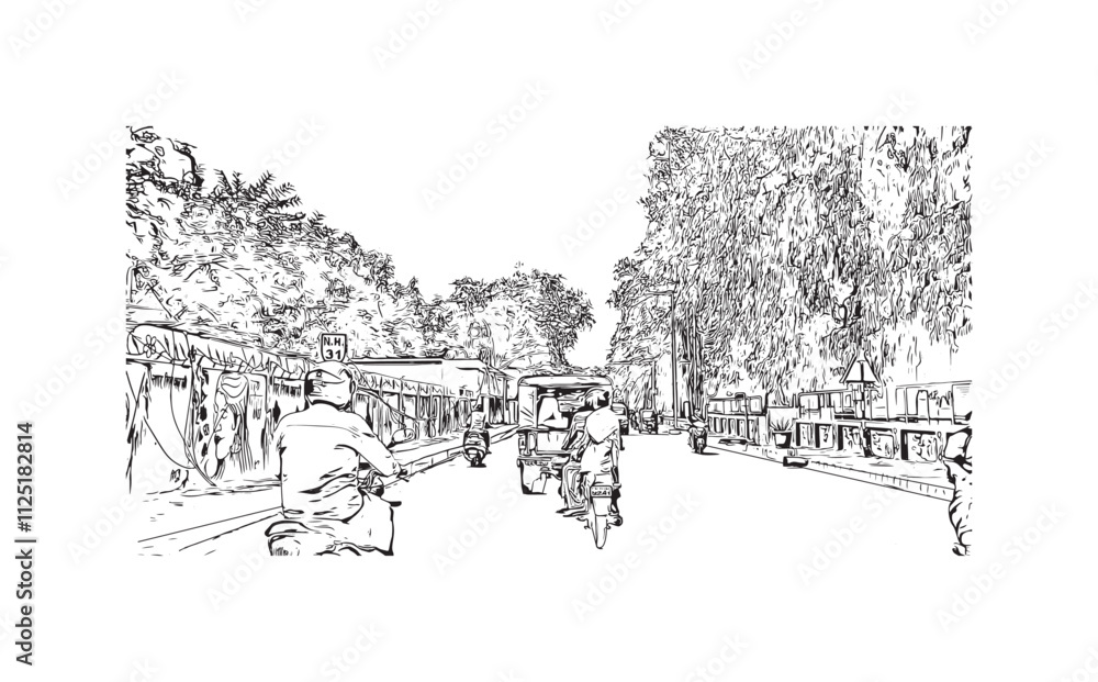Building view with landmark of Varanasi is the city in India. Hand drawn sketch illustration in vector.