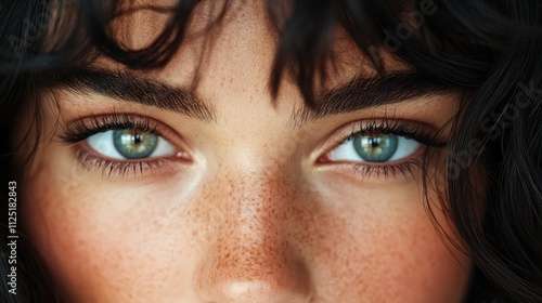 This close-up captures the expressive eyes of a female with noticeable freckles across the nose, emphasizing the detail in her skin texture and clear blue eyes.