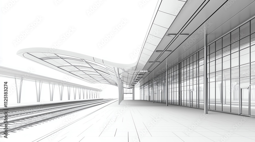Modern train station design with sleek lines and glass facade, emphasizing innovation. Modern train station design with sleek lines and glass facade, emphasizing innovation.