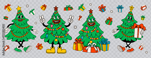Groovy Christmas tree cartoon stickers, vintage funny fur tree characters wit...