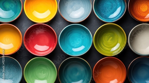 This artistic setup showcases colorful glazy ceramic bowls arranged in a pattern on a deep dark surface, highlighting the interplay between shine and shadow.