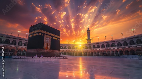 A vibrant sunset behind the Kaaba in Mecca, with the sky painted in warm colors and the structure's details glowing in the soft light.