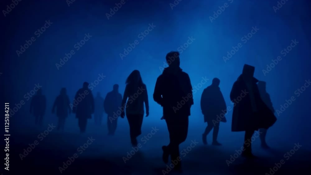 People Walking Through Misty Atmosphere With Blue Lighting at Night People Walking Through Misty Atmosphere With Blue Lighting at Night