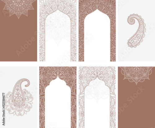 Oriental Indian mandala frame templates. Arabian patterns for invitations, cards. Hindi arch ornament. Mocha color