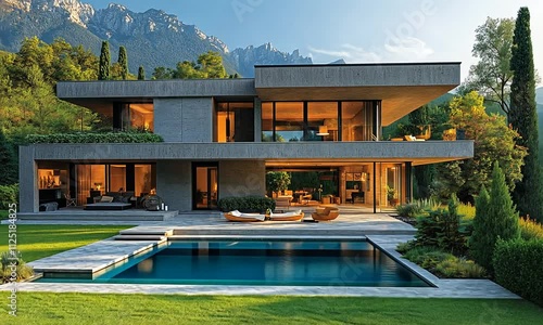 Wallpaper Mural Modern house with pool and mountain backdrop at sunset. Torontodigital.ca