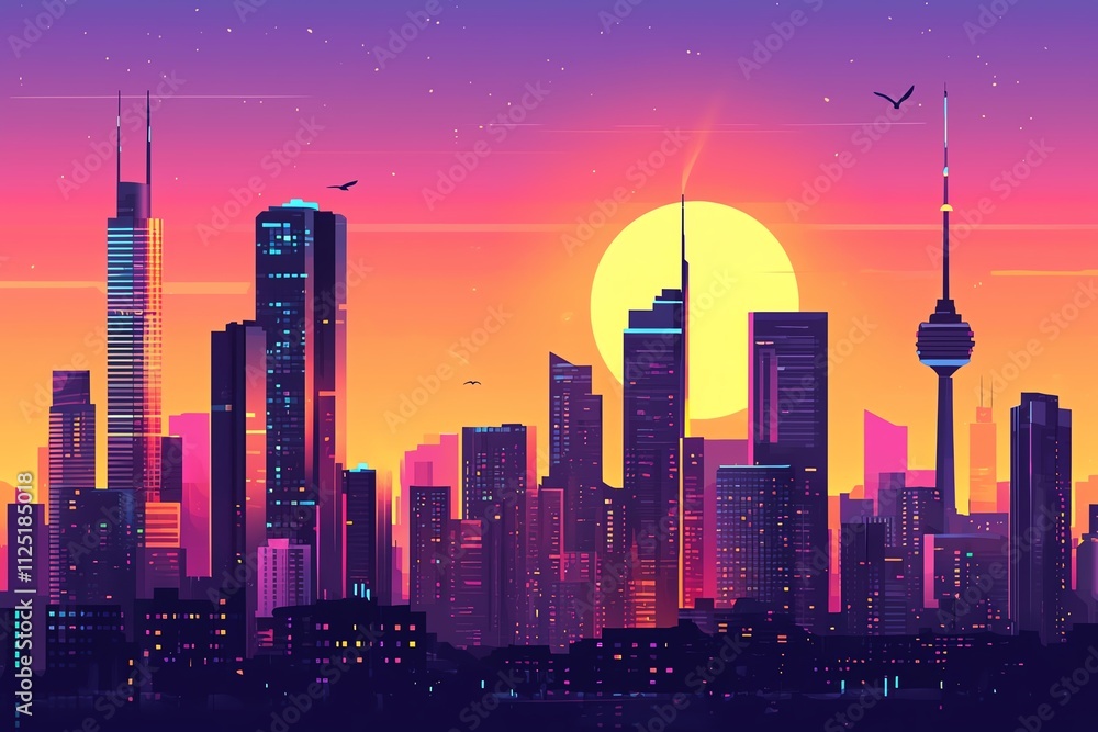 Vibrant city skyline at sunset, showcasing modern architecture and scenic beauty. Vibrant city skyline at sunset, showcasing modern architecture and scenic beauty.