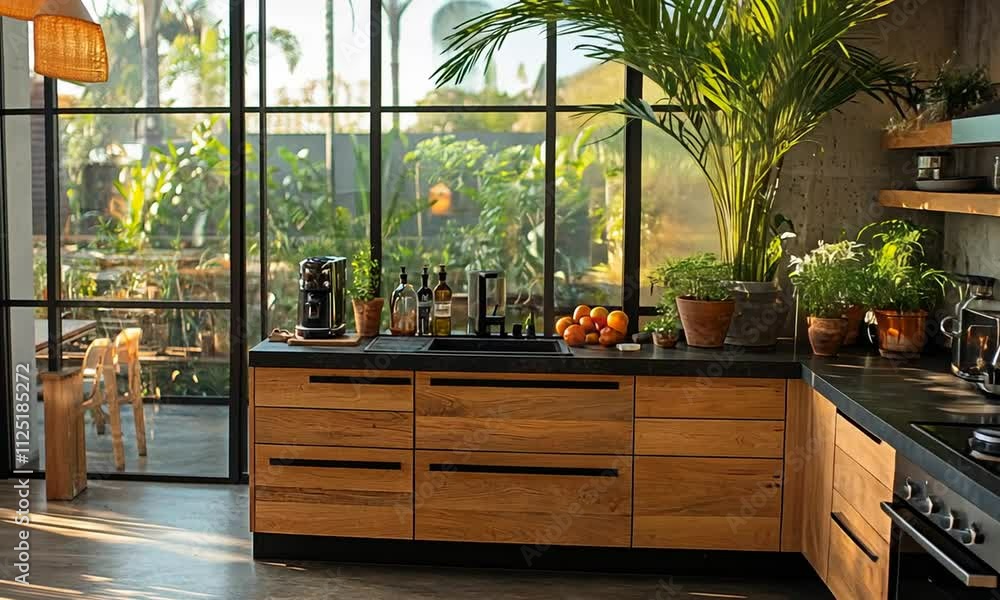 Modern kitchen with plants and natural light. Modern kitchen with plants and natural light.