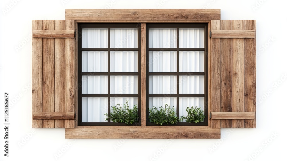 Sunlit serenity, rustic wooden shutters frame a vibrant green plant in charming window, bringing nature indoors Sunlit serenity, rustic wooden shutters frame a vibrant green plant in charming window, bringing nature indoors