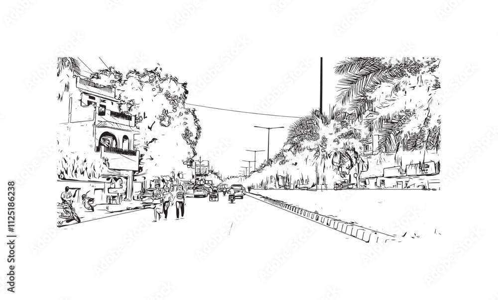 Building view with landmark of Varanasi is the city in India. Hand drawn sketch illustration in vector.