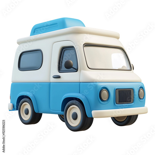 Whimsical Blue and White 3D Van in Minimalistic Style