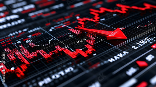 A stock market graph with red downward arrows indicating price decline