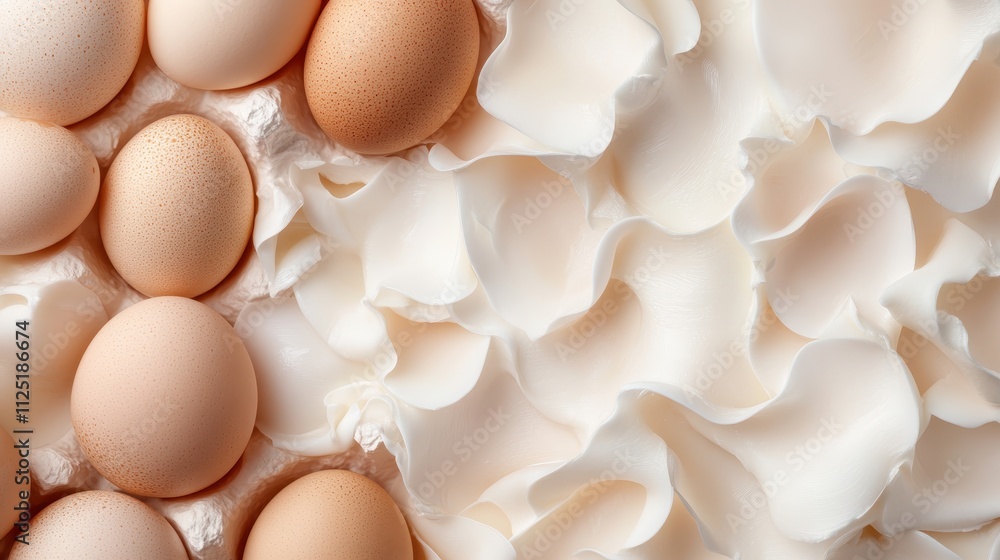 An artistic arrangement of brown eggs nestled within delicate white petal-like shells, creating a soft pattern that highlights the purity and simplicity of nature's design. An artistic arrangement of brown eggs nestled within delicate white petal-like shells, creating a soft pattern that highlights the purity and simplicity of nature's design.