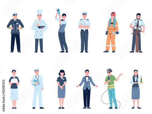 Yacht team. Ship or sail boat crew flat characters. Captain, sailor, waiter, boatswain. Maritime service workers in uniform, recent vector set