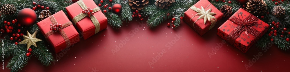 Festive Christmas Scene with Red and Gold Lights and Gift Boxes Festive Christmas Scene with Red and Gold Lights and Gift Boxes