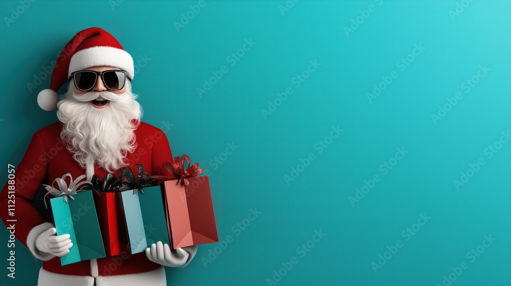 Naklejka premium Modern Santa Claus with trendy sunglasses and colorful shopping bags creates a festive atmosphere