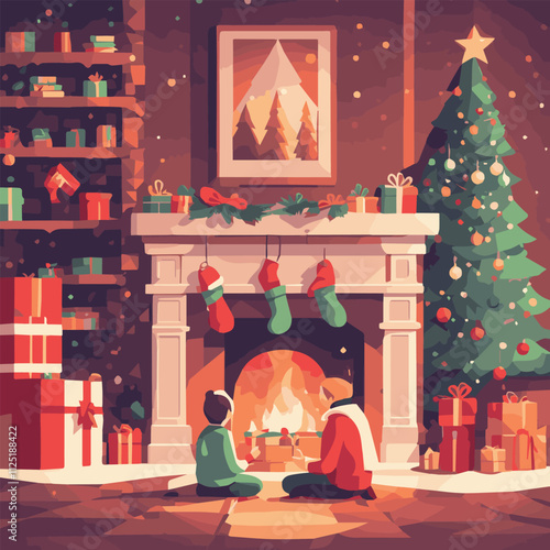 cartoon Winter interior bonfire. Classic fireplace made of red bricks, bright burning flame and smoldering logs inside. Home fireplace for comfort and relaxation. Vector illustration in flat style.	