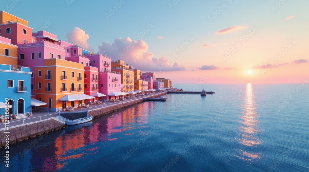 Obraz premium Pastel Coastal Town Sunrise Cityscape