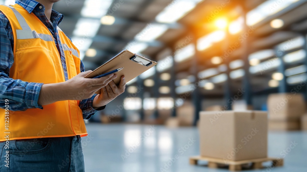 Clipboard, checklist and pen suitable. Worker in an orange vest checks inventory in a warehouse. Clipboard, checklist and pen suitable. Worker in an orange vest checks inventory in a warehouse.