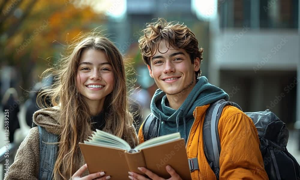 Two smiling young people holding a book outdoors. Two smiling young people holding a book outdoors.