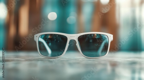 A pair of modern smart sunglasses featuring reflective lenses with an integrated tech display, symbolizing the fusion of style and cutting-edge technology. photo