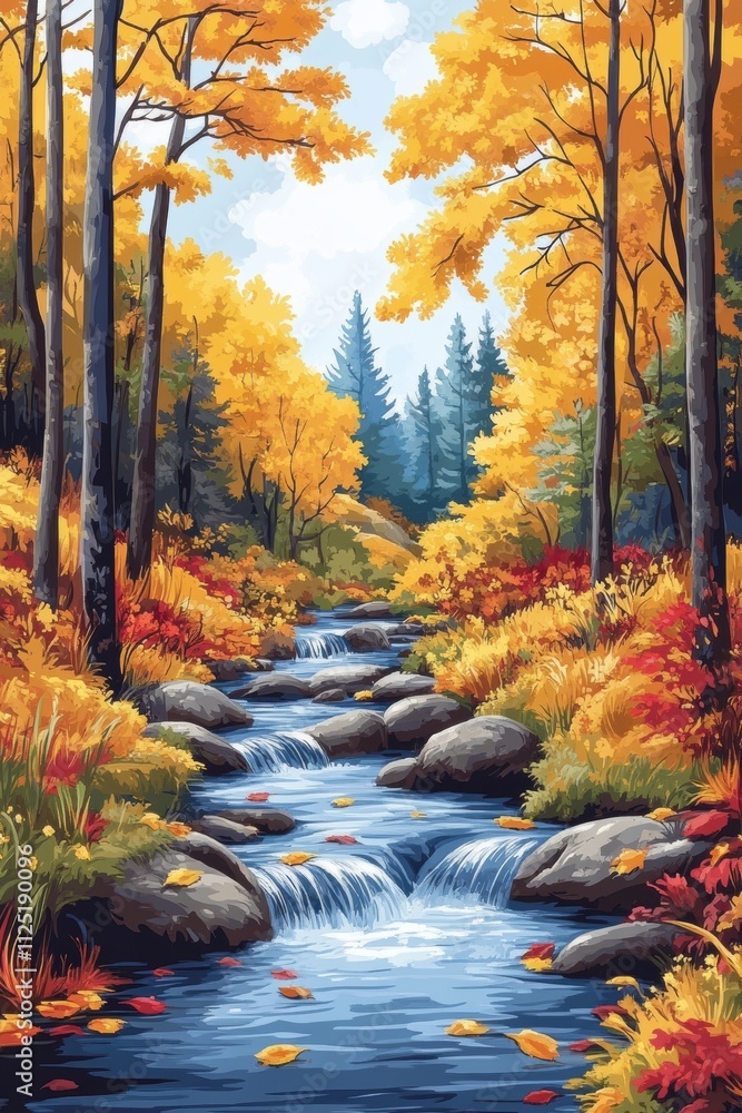 A Serene Autumn Forest Stream with Vibrant Foliage and Calm Cascading Waters in a Picturesque and Tranquil Natural Setting Surrounded by Golden and Red Leaves A Serene Autumn Forest Stream with Vibrant Foliage and Calm Cascading Waters in a Picturesque and Tranquil Natural Setting Surrounded by Golden and Red Leaves