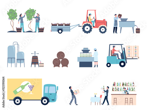 Cartoon flat wine production. Winery process from harvest grapes to testing in restaurant or bar. Fermentation, aging in wooden barrels, transportation recent vector scenes