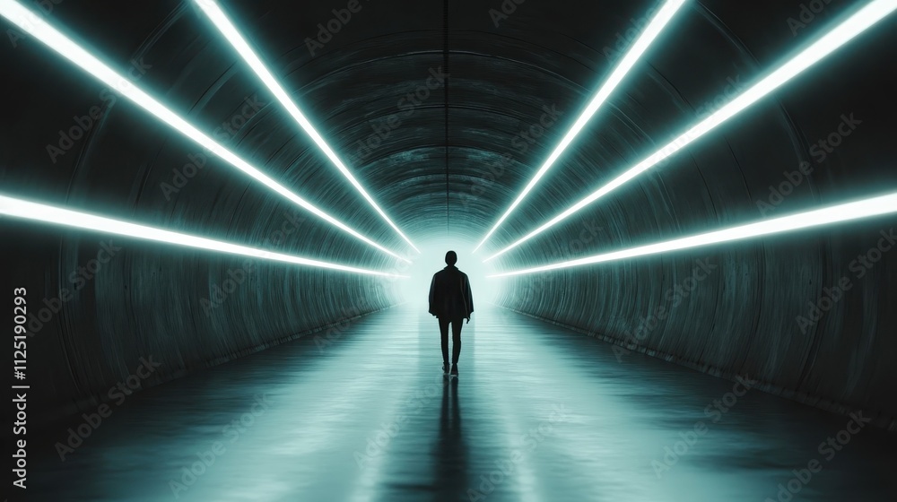 A solitary figure stands in a sleek, modern tunnel illuminated by striking blue lights, suggesting themes of introspection and futuristic exploration. A solitary figure stands in a sleek, modern tunnel illuminated by striking blue lights, suggesting themes of introspection and futuristic exploration.