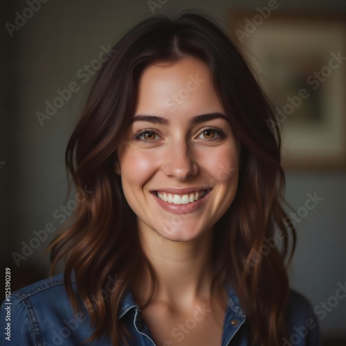 Retrato de una persona con cabello ondulado y camisa de mezclilla azul en interior
