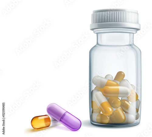 A clear medicine bottle with plastic cap filled with yellow capsules, next to it are two capsules - orange and purple.