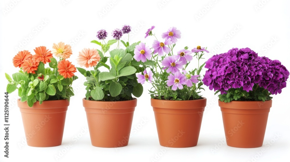 Four Colorful Flower Pots with Vibrant Blooms Four Colorful Flower Pots with Vibrant Blooms