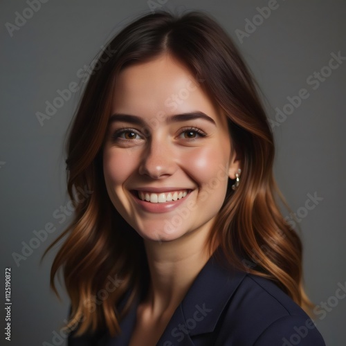 Una mujer con cabello castaño oscuro y reflejos dorados posando con una chaqueta azul marino en un fondo gris
