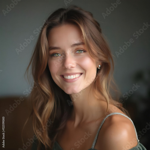 Una mujer con cabello ondulado y castaño claro, vestida con una camiseta de tirantes verde, en un entorno interior con iluminación suave
