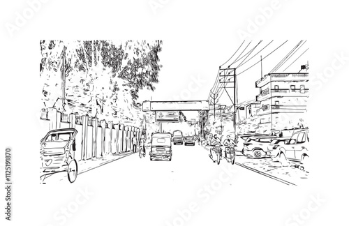 Building view with landmark of Varanasi is the city in India. Hand drawn sketch illustration in vector.