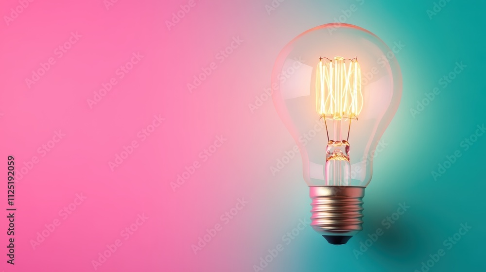 A brightly lit filament light bulb against a vibrant pink and teal backdrop, showcasing a blend of modern electricity aesthetics and artistic illumination techniques. A brightly lit filament light bulb against a vibrant pink and teal backdrop, showcasing a blend of modern electricity aesthetics and artistic illumination techniques.