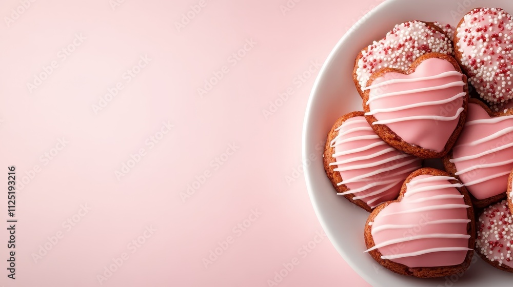 A white bowl filled with heart-shaped cookies decorated with pink frosting and sprinkles, set against a soft pink background, creating a sweet, romantic allure. A white bowl filled with heart-shaped cookies decorated with pink frosting and sprinkles, set against a soft pink background, creating a sweet, romantic allure.