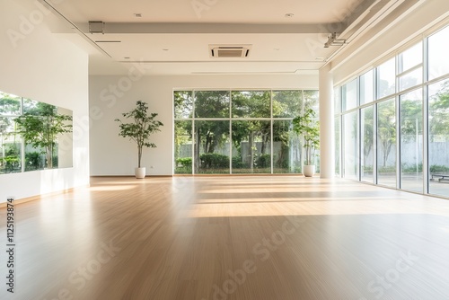 A spacious empty gym in a modern fitness center. Yoga room. Interior design, bright room.  Soft focus, blur effect.