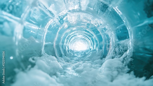 Photograph depicting a bright, icy tunnel filled with sparkling frost. The illuminated passage creates a sense of wonder and icy purity, like a crystal cavern. photo