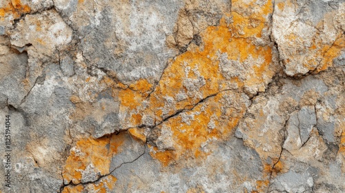 Textured wall with orange lichen in an outdoor setting during daylight showing signs of age and natural decay photo