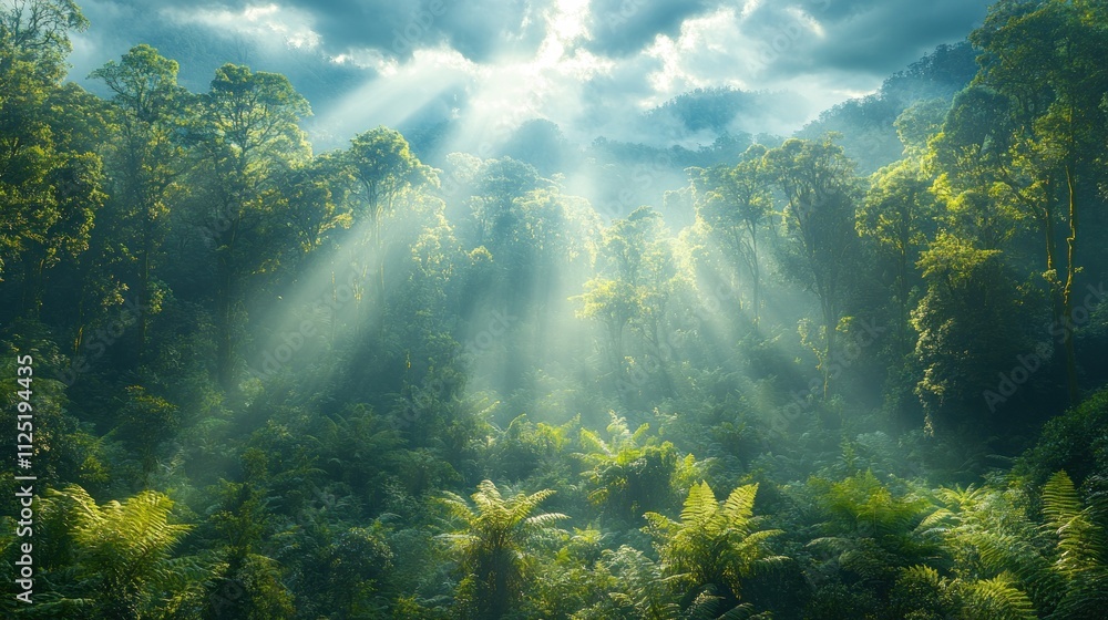 Sunbeams pierce through misty rainforest canopy. Sunbeams pierce through misty rainforest canopy.