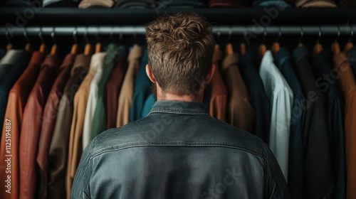 A man stands in front of an open closet, facing an array of colorful jackets, contemplating decisions, symbolizing choices and fashion preferences and diversity.