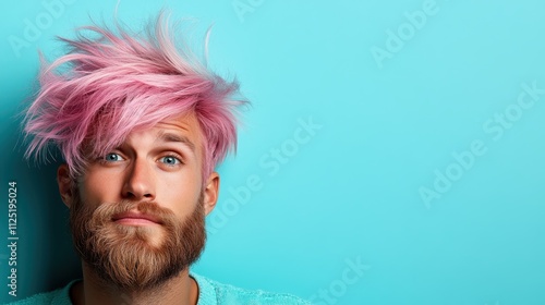 A quirky man with strikingly wild pink hair, expressive blue eyes, and a bold brown beard gives a humorous yet intense look against a vivid teal background. photo