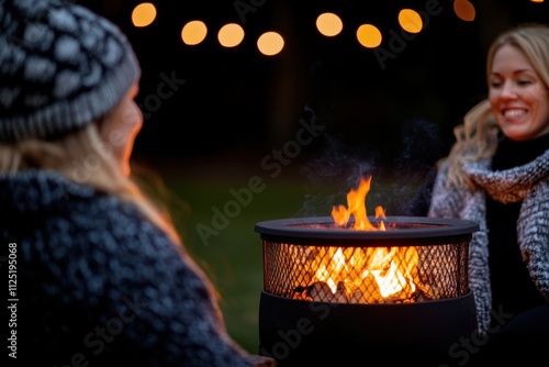 outdoor galentines celebration, ladies huddled in blankets by a backyard fire pit, bonding over stories under twinkling lights for galentines day photo