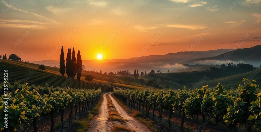 Fototapeta premium Golden Hour Vineyard: A picturesque vineyard bathed in the warm glow of sunset, with rows of grapevines leading to a dusty path amidst rolling hills and towering cypress trees.
