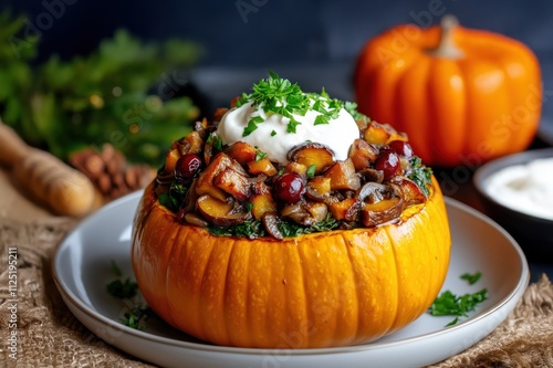 Baked pumpkin filled with savory stuffing of mushrooms, nuts, and cranberries, topped with fresh herbs, presented on a rustic table
