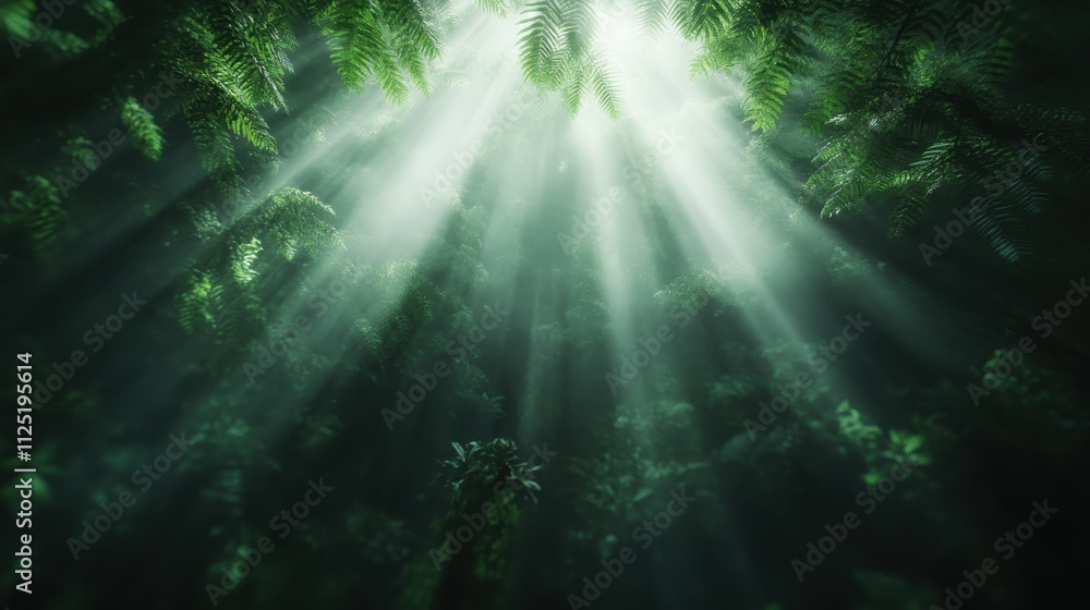 Sunbeams burst through the dense foliage of ferns in a mystical green forest, casting radiant, ethereal light that decorates the tranquil space with natural wonder. Sunbeams burst through the dense foliage of ferns in a mystical green forest, casting radiant, ethereal light that decorates the tranquil space with natural wonder.