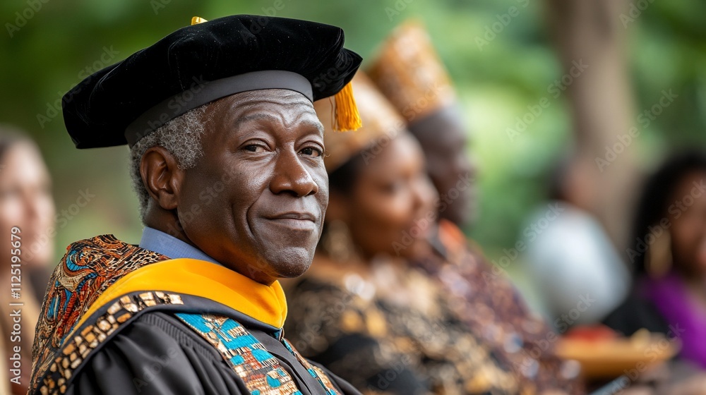 Portrait of a smiling older Black man wearing graduation attire at an outdoor ceremony. Portrait of a smiling older Black man wearing graduation attire at an outdoor ceremony.