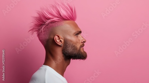 A man with a bold pink mohawk hairstyle faces left, set against a vibrant pink background. He wears earrings and a white shirt, exuding confidence and style. photo