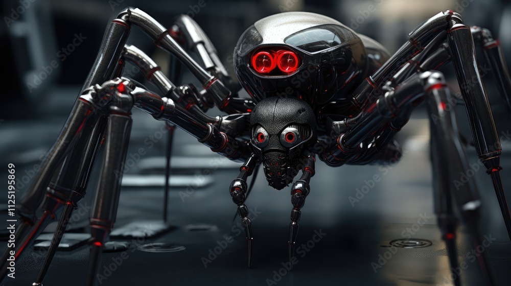 Obraz premium Realistic robotic spider with striking red eyes and metallic limbs